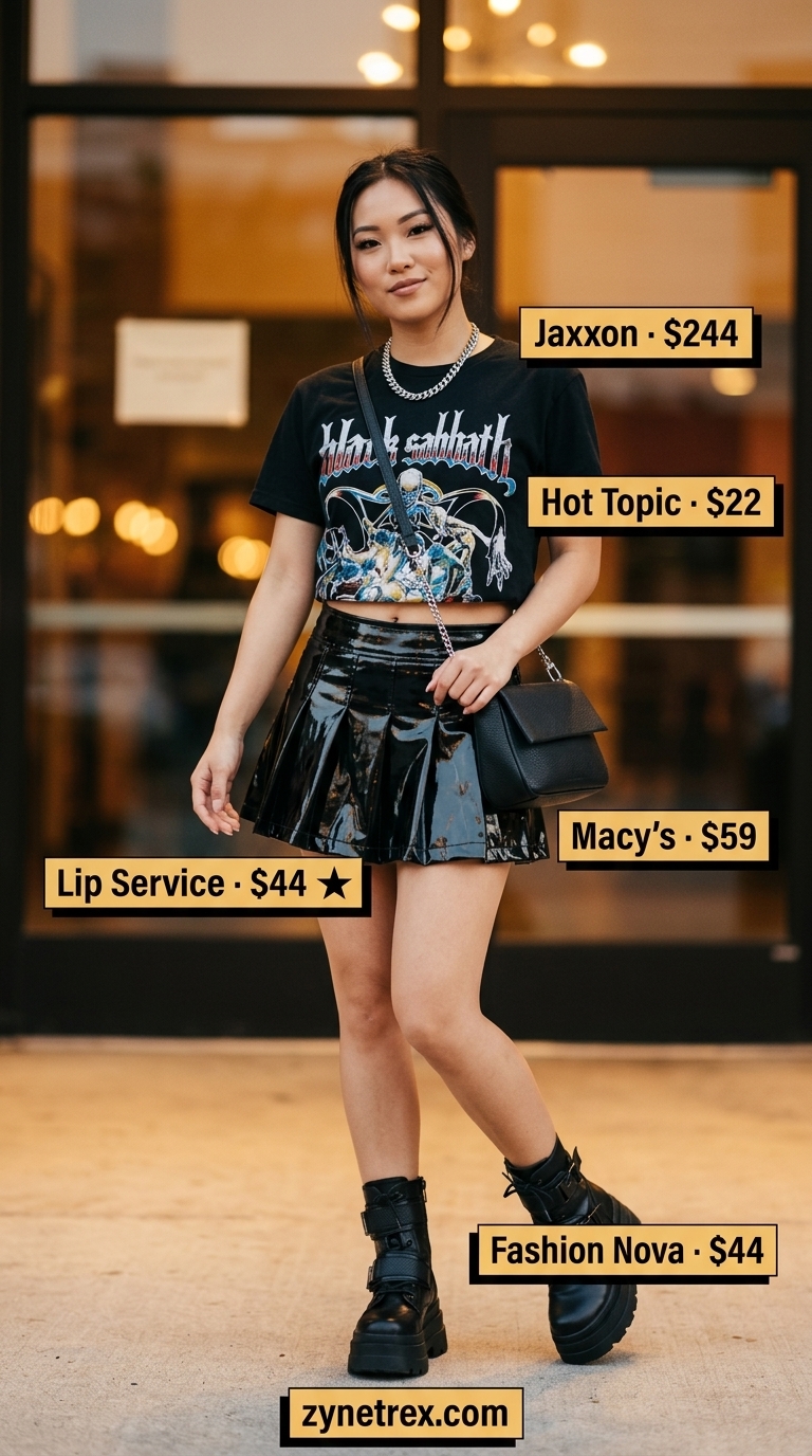 Y2K Mini Skirt Summer Outfits 2026: Pop Punk Style Y2K mini skirt summer outfits 2026: Black vinyl mini skirt, band tee, platform boots, and silver chain for a pop punk vibe.