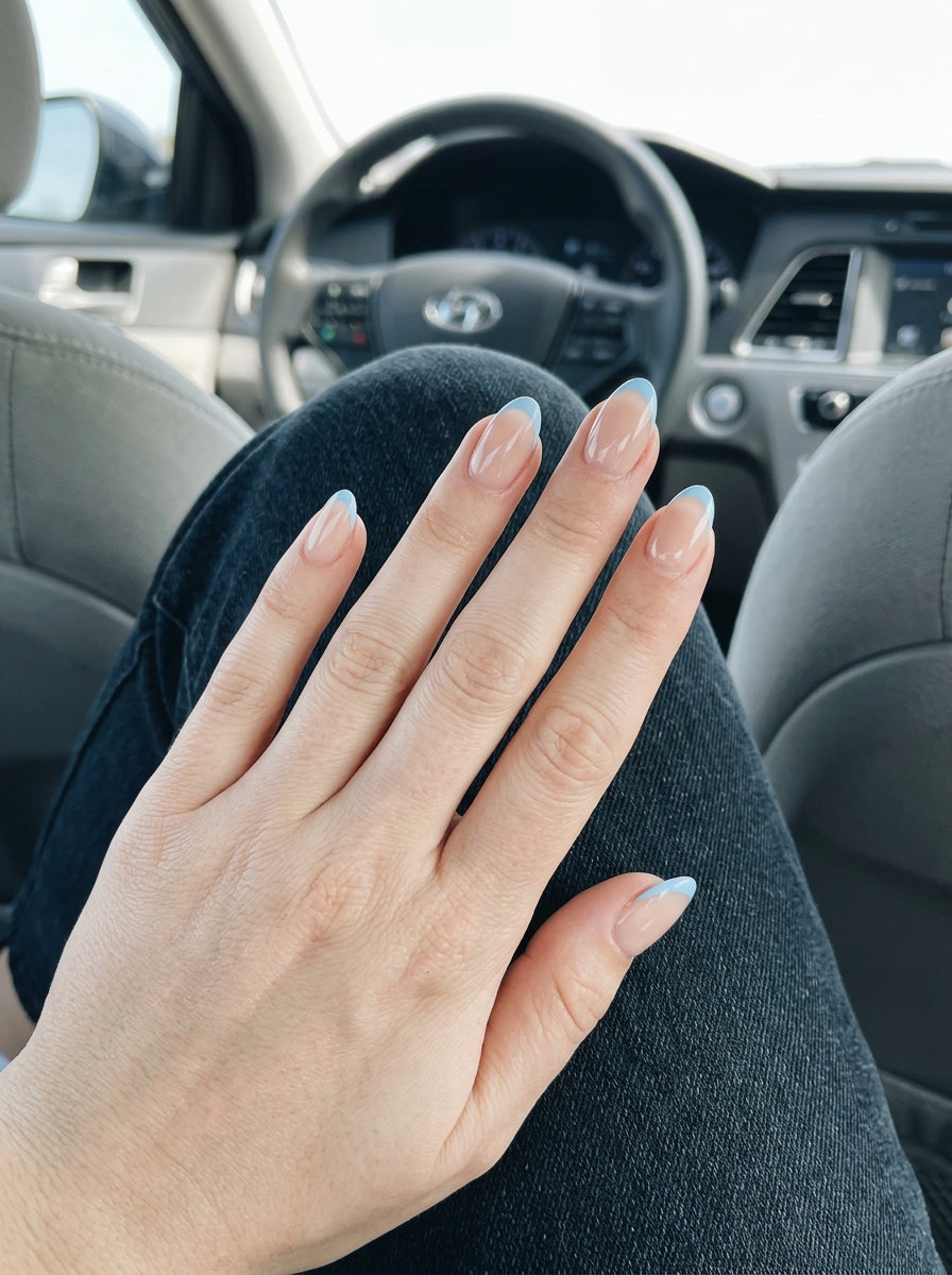 Baby Blue Micro French Almond Nails 2026 Baby blue micro French almond nails for playful vacation and casual chic 2026.