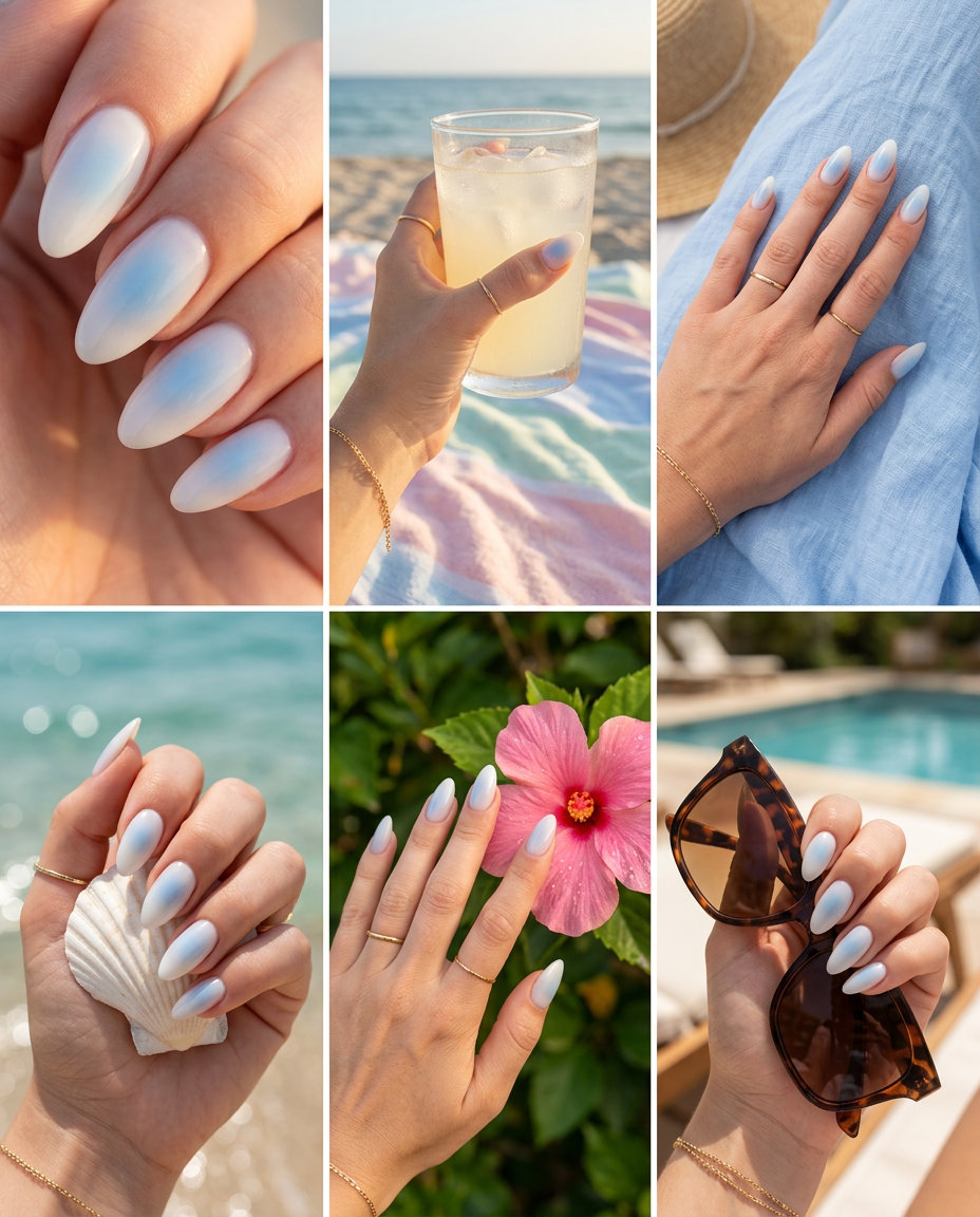 Almond Summer Nails 2026: Baby Blue Aura Glow Baby Blue Aura Almond Glow nails for fair skin, ideal for weddings, date nights, and summer parties in 2026.