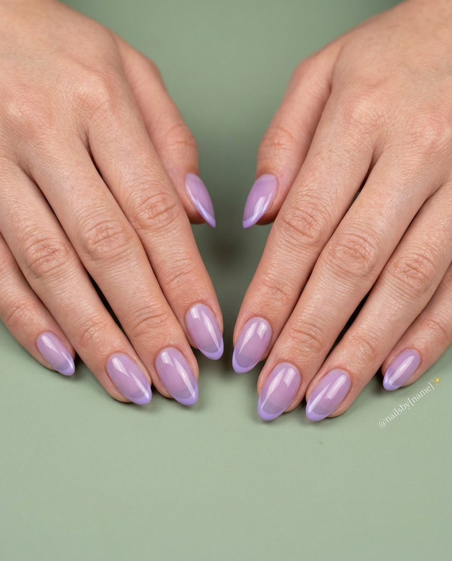 Lavender Jelly Micro French Almond Nails 2026 Lavender Jelly Micro French Almond nails for almond summer nails 2026 for fair skin. Romantic evening style.
