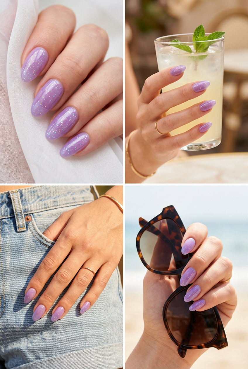 Lavender Jelly Almond Sparkle Nails 2026 Lavender jelly almond nails with sparkle for fair skin, fun for parties and summer events. Vibrant.