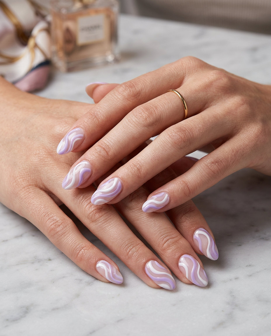 Almond Summer Nails 2026: Artistic Lavender Swirls Lavender Swirl Almond nails for fair skin, perfect for date nights, dinner, and special occasions in 2026.