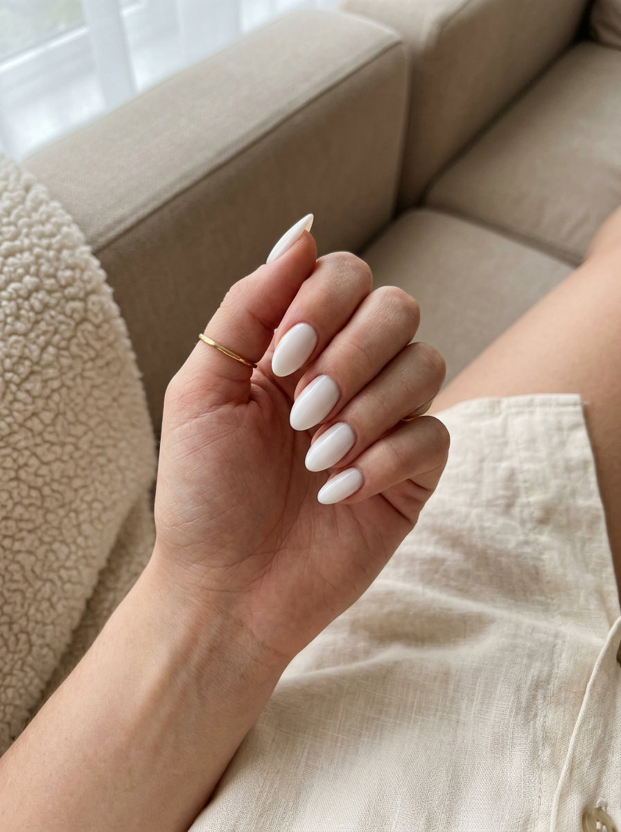 Milky White Almond Nails 2026 Opaque milky white almond nails for fair skin, chic for everyday, work, and weddings. Minimalist style.