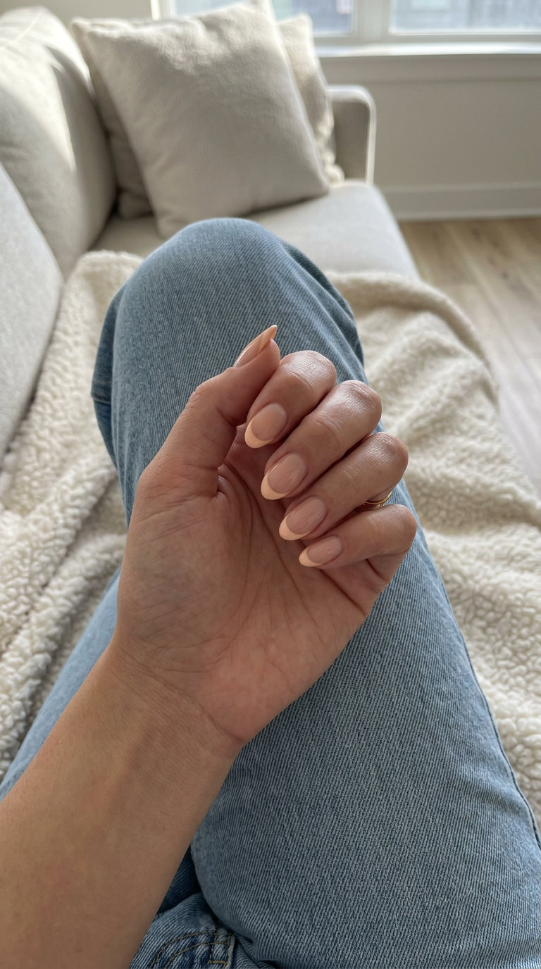 Almond Summer Nails 2026: Pale Peach French Pale Peach Micro French Almond nails for fair skin, perfect for everyday, work, or summer events in 2026.