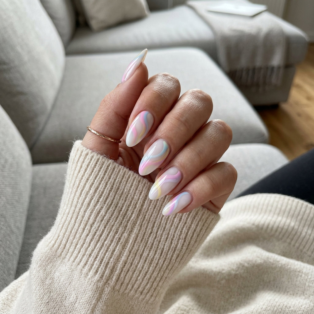 Almond Summer Nails 2026: Pastel Abstract Swirls Pastel Swirl Abstract Almond nails for fair skin, great for summer vacation, casual outings, and festivals in 2026.