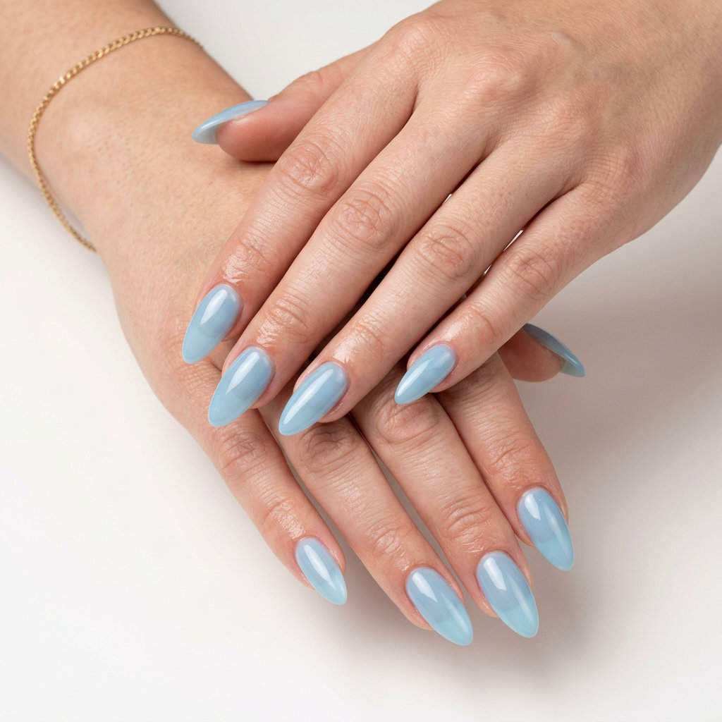 Baby Blue Jelly Almond Nails 2026: Carefree Summer Baby blue jelly almond nails 2026 for fair skin: refreshing, carefree summer vacation.