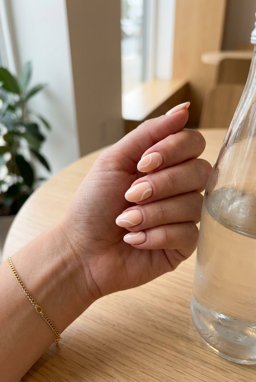 Pale Peach Abstract Almond Nails 2026: Minimalist Art Pale peach abstract lines almond nails 2026 for fair skin: minimalist, artistic casual.