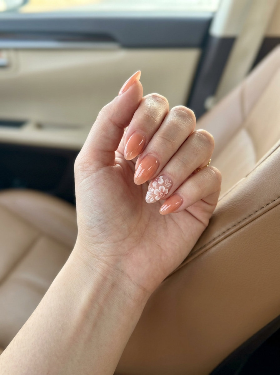 Sheer Peach Floral Almond Nails 2026: Garden Party Chic Sheer peach 3D floral almond nails 2026 for fair skin: romantic wedding guest, garden party.