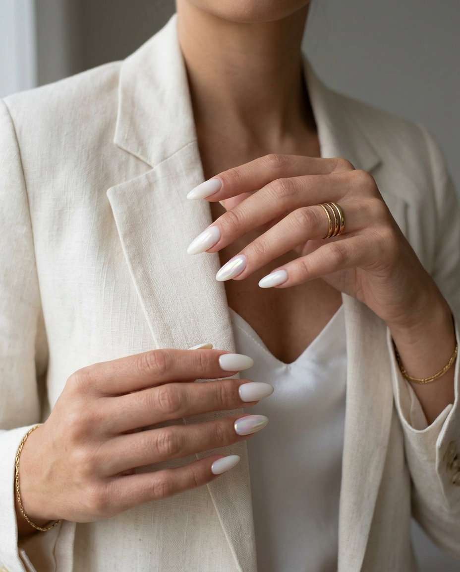 Milky White Chrome Almond Nails 2026 Milky white chrome accent almond nails for fair skin, ideal for evening events.