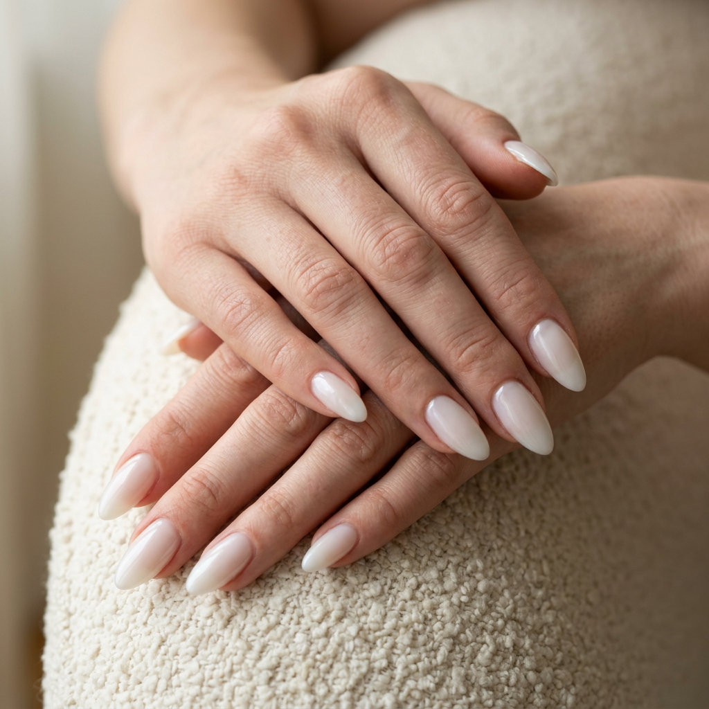 Milky White Jelly Almond Nails 2026 Milky white jelly almond nails for fair skin, elegant for weddings and everyday.