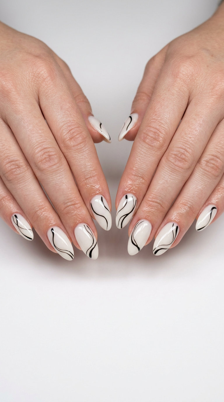 Milky white almond nails with black swirls for fair skin, artistic and sophisticated.