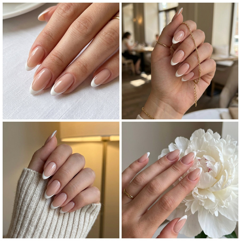 Minimalist Nude French Tip Almond Nails 2026 Minimalist nude French tip almond nails for fair skin, chic for work or events.