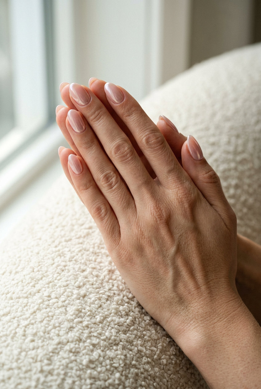 Sheer Pink Glazed Almond Nails 2026 Sheer pink glazed almond nails for fair skin, luminous and clean-girl aesthetic.