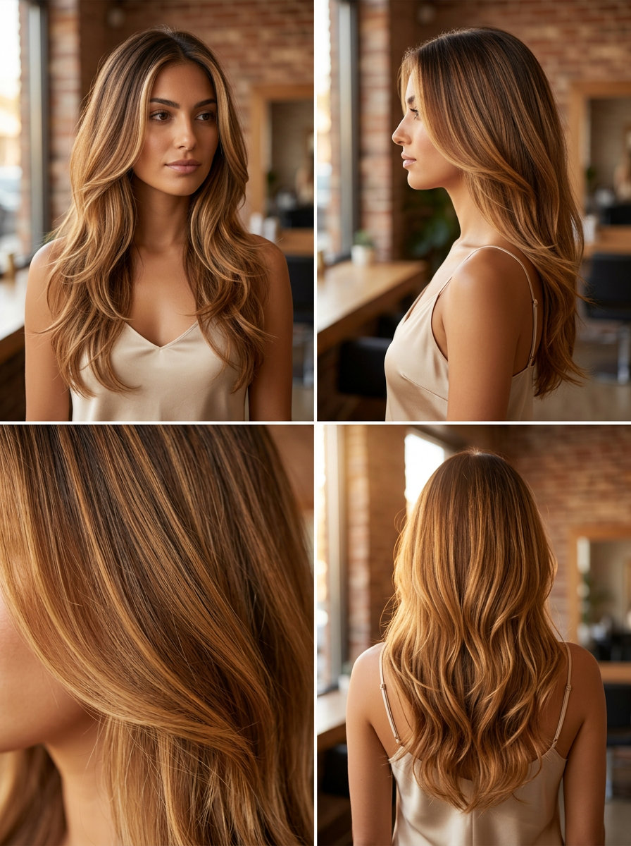 long layered haircut with amber balayage, honey gold tones, face-framing highlights, soft V-cut back — romantic golden look