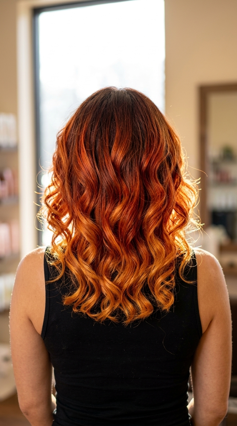 long curly hair with amber rum color melt, spicy brown to copper-gold ends, fiery blend — bold boho festival