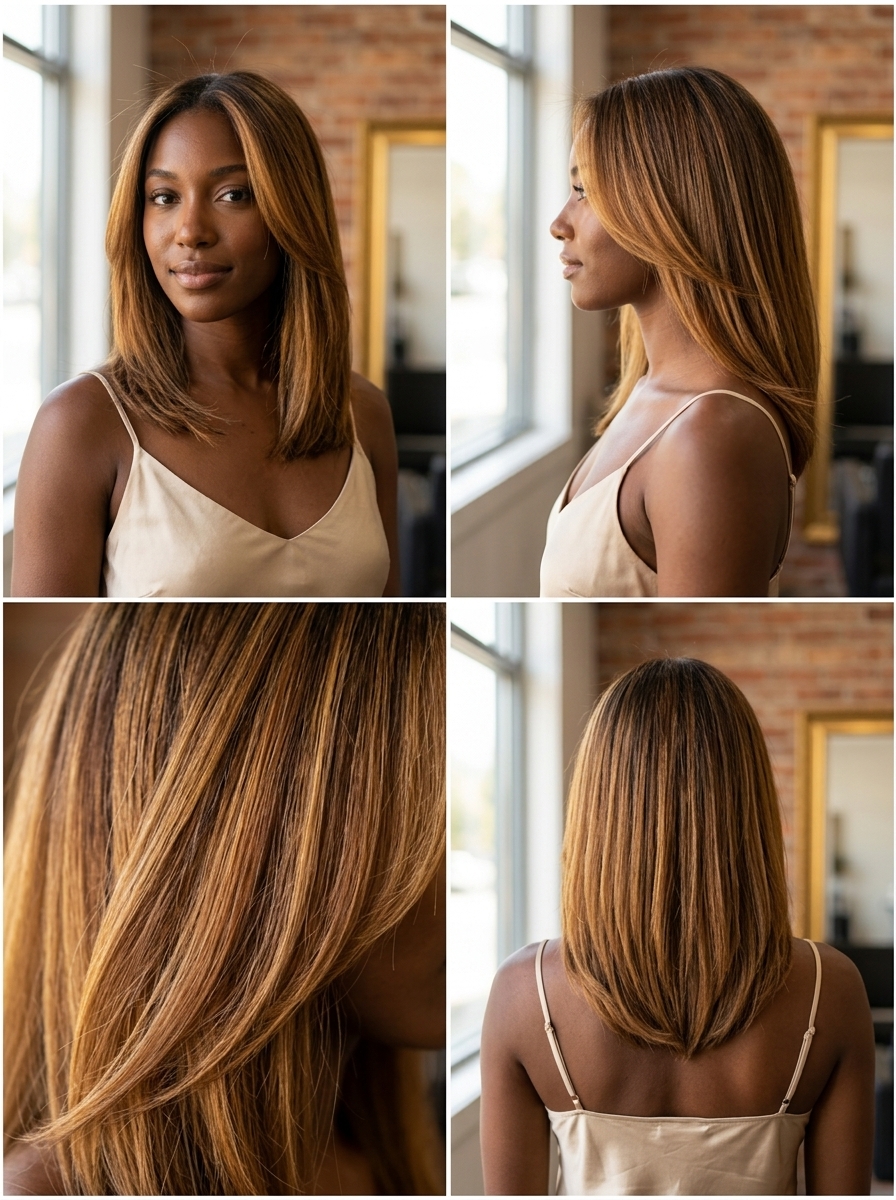 medium-length layered hair with warm amber and golden honey balayage, hand-painted gloss for summer 2026