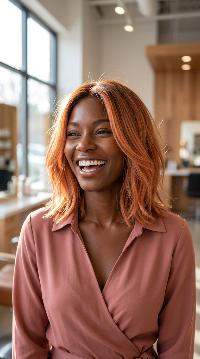 collarbone apricot lob with peach tones, piecey layers, no bangs — playful festival look