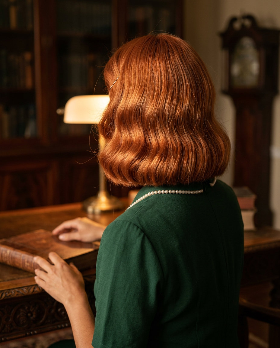 Apricot Crush Copper Bob for Formal Events 2026 chin-length blunt bob haircut in apricot crush copper red, vintage S-waves — retro wedding guest