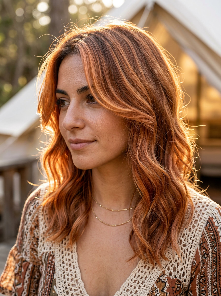 Copper Balayage Mid-Length 2026: Boho Wedding Guest Style shoulder-length butterfly layers in apricot crush copper balayage for wedding guest