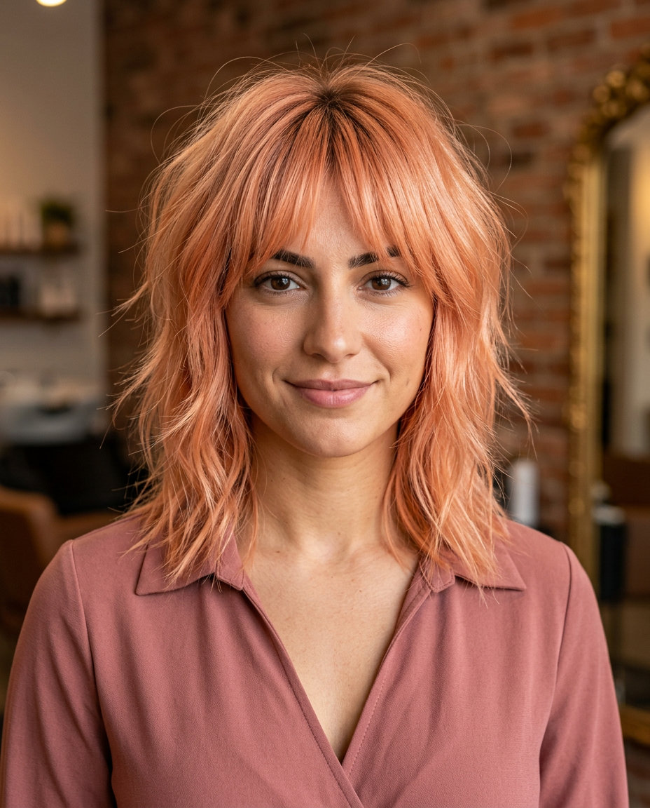 medium shag apricot crush haircut with textured layers and wispy bangs for summer