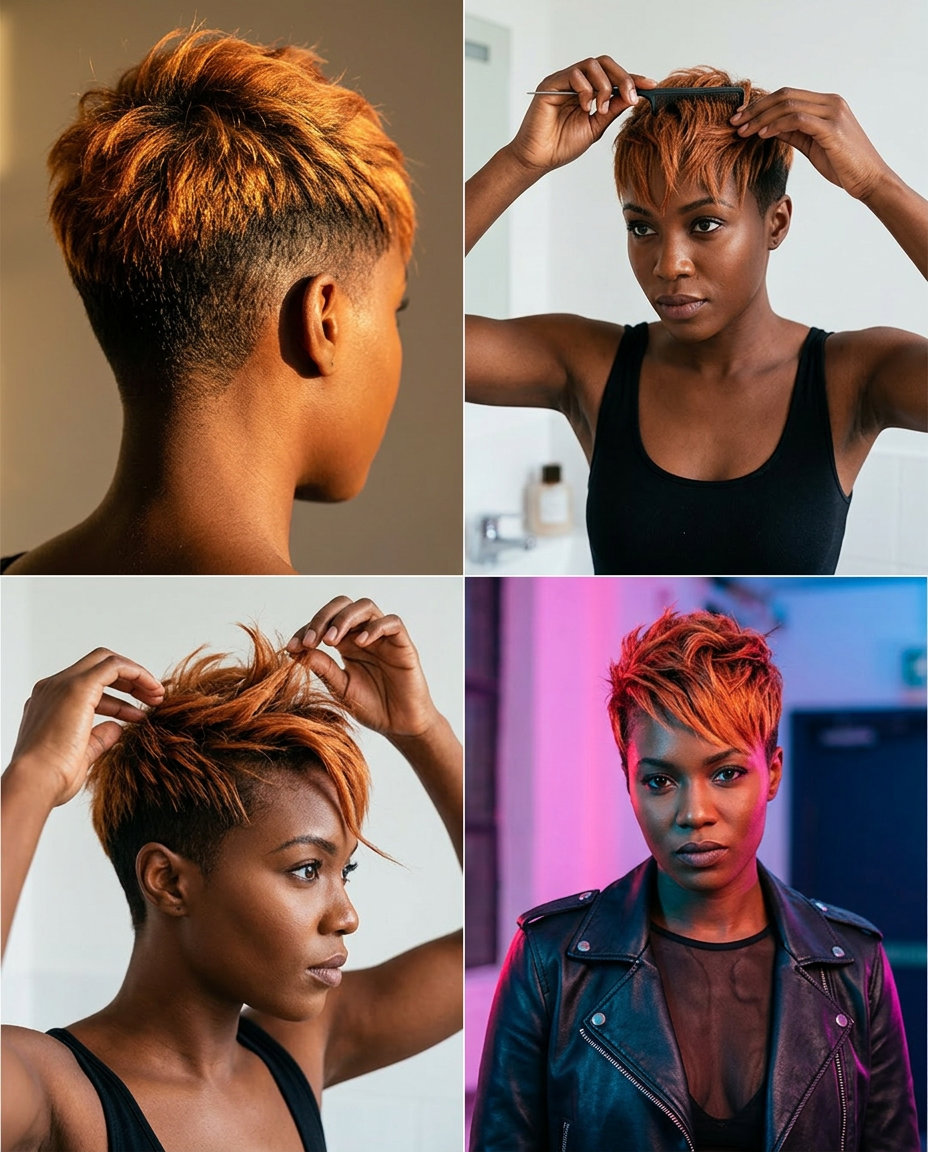 short textured pixie in vibrant apricot crush with golden flecks for wedding guest