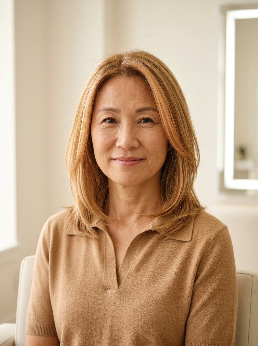 Apricot Crush Face-Framing Summer Hair 2026 shoulder-length layered haircut with apricot crush face-framing, subtle copper highlights — playful summer look