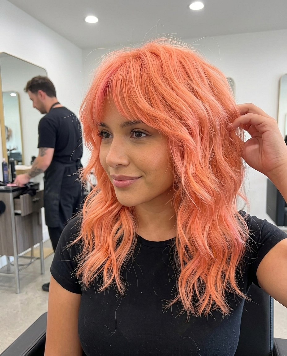 Edgy Apricot Crush Wavy Shag 2026 very short wavy shag haircut with apricot crush color, razored layers, micro-fringe — edgy festival