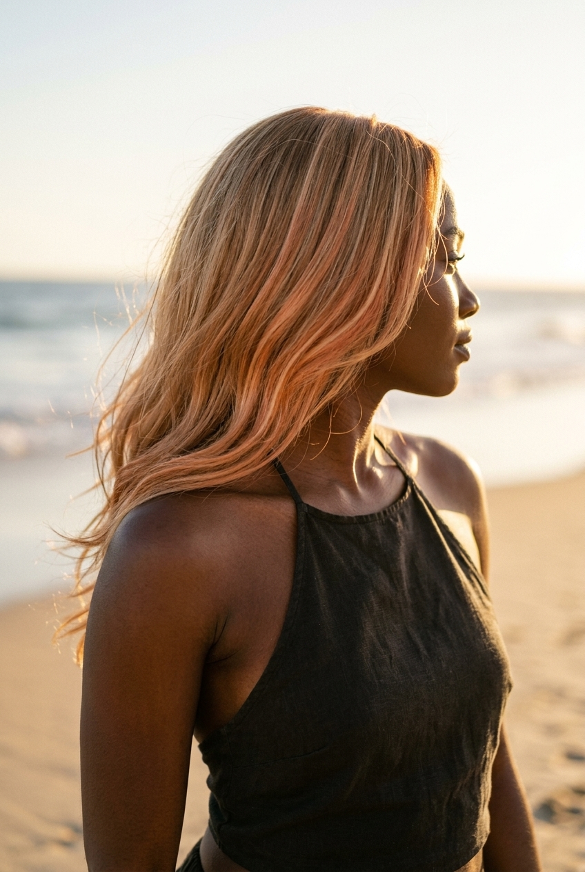 Apricot Strawberry Blonde Balayage 2026 long layered shag apricot strawberry blonde balayage with sandy blonde base, hand-painted pieces, no fringe — effortless beach day