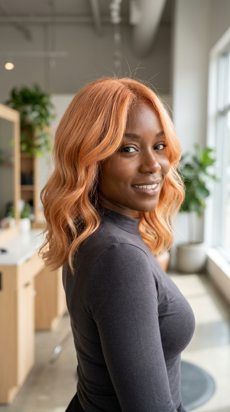 long layered haircut apricot nectarine strawberry blonde with face-framing, custom blend, no fringe — playful summer party