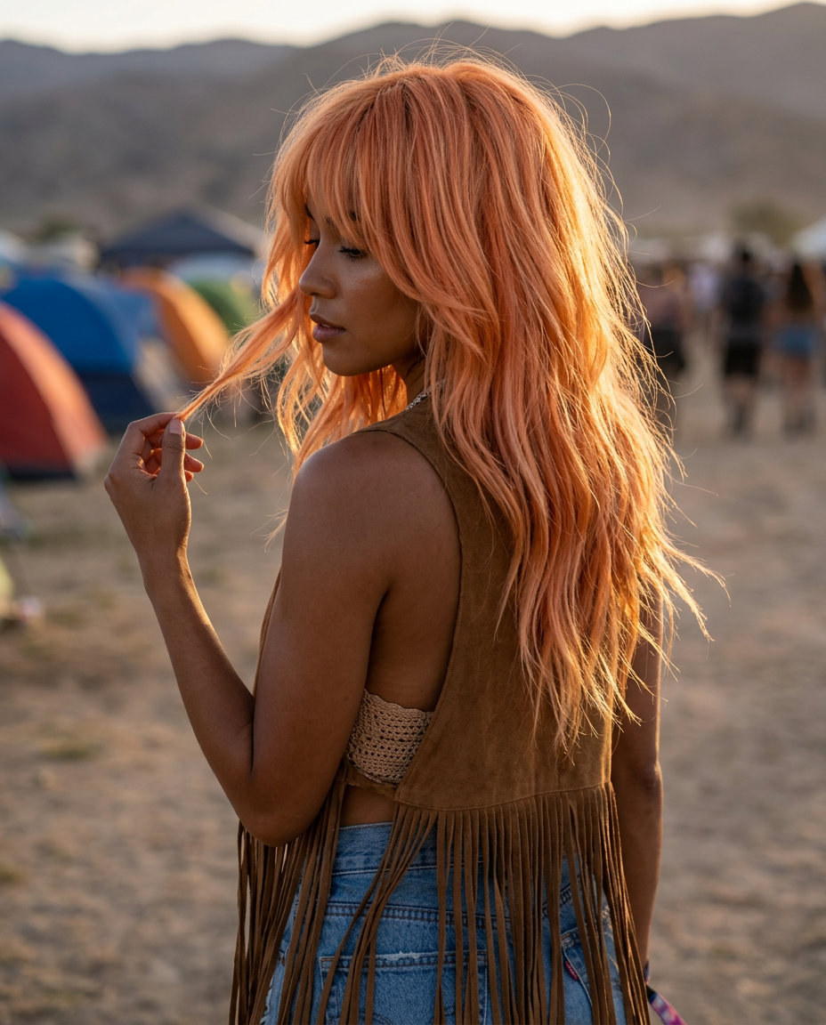Sunset Apricot Shag Haircut 2026 medium-long sunset apricot shag haircut with face-framing layers and wispy fringe for edgy look