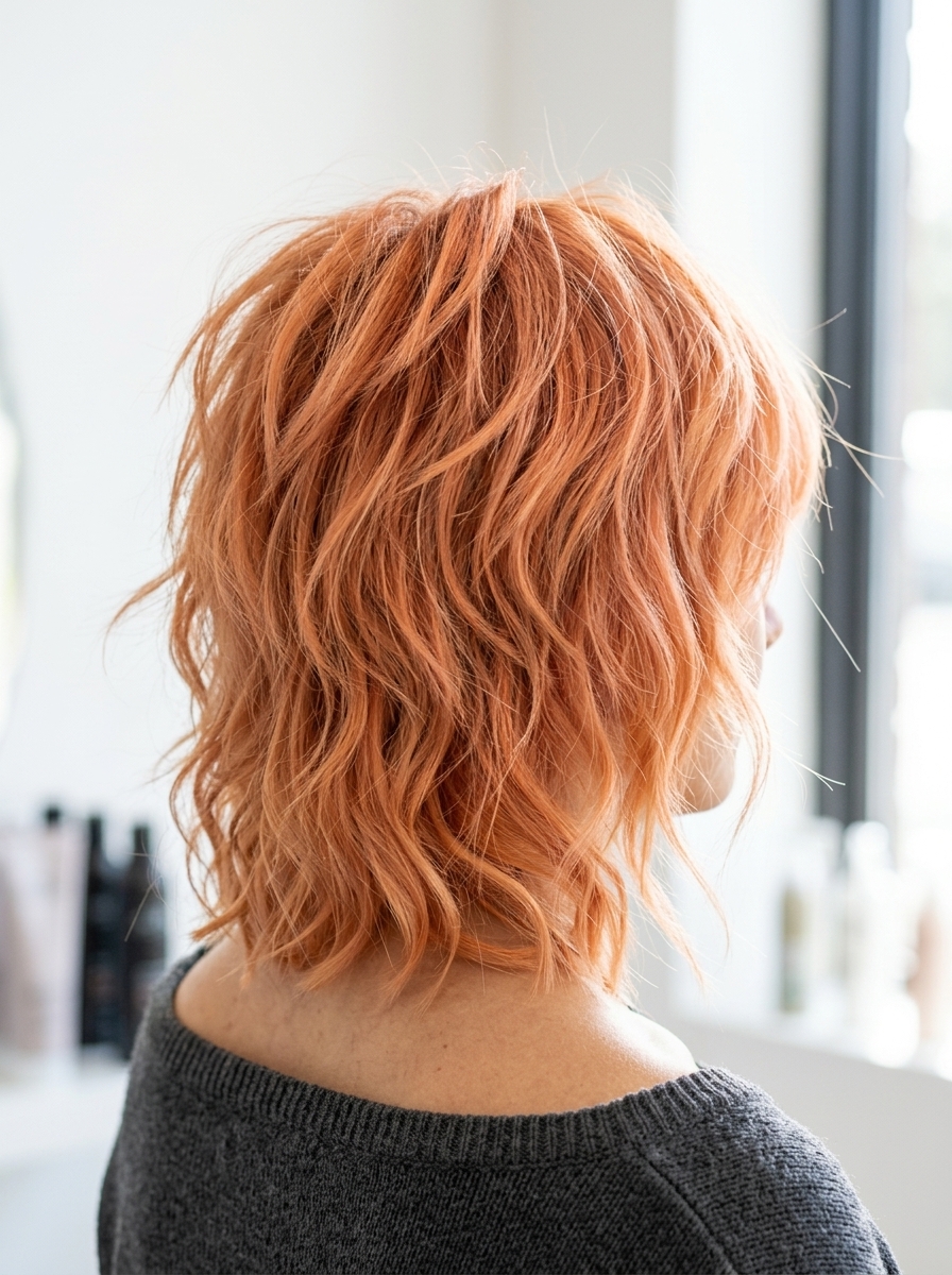 Apricot Pop Shag 2026: Edgy Orange-Pink chin-length wavy shag haircut with vibrant apricot orange-pink, razored choppy layers, wispy micro-bangs — bold & edgy