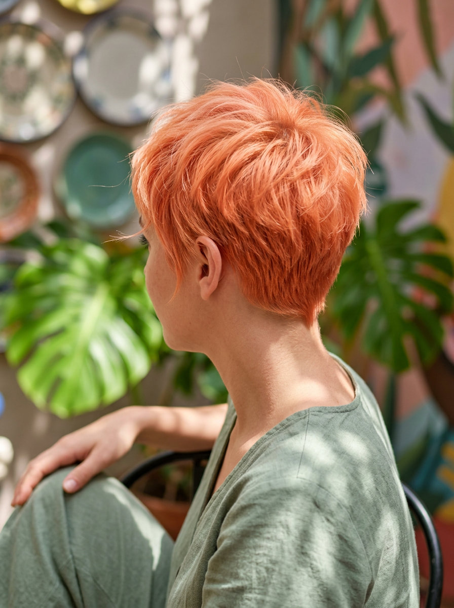 Apricot Pixie Haircut 2026: Playful & Vibrant very short pixie haircut in apricot crush, tapered sides — playful vibrant