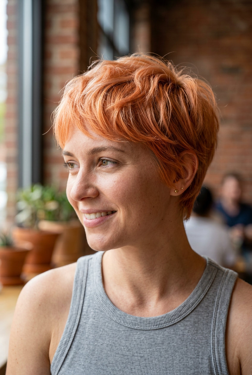 Apricot Crush Pixie 2026: Playful & Vibrant very short apricot orange pixie haircut with wispy micro-fringe and soft layers for summer