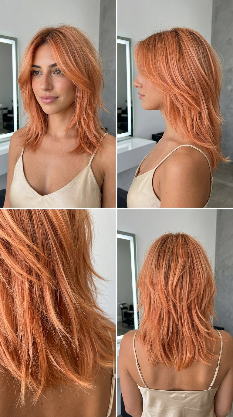 shoulder-length shag haircut with apricot-peach and copper tones, choppy layers and feathered fringe — playful for summer