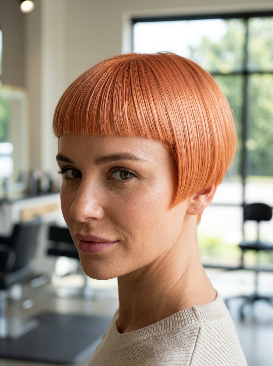Apricot Pink Blunt Pixie 2026: Playful & Bold very short apricot orange-pink pixie haircut with blunt micro-fringe and sharp lines for summer