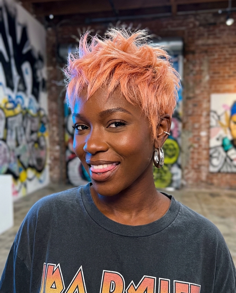 Sunset Apricot Pixie Haircut 2026 short apricot pixie haircut with textured top and side-swept fringe for playful look