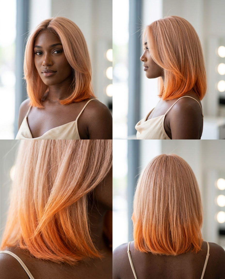 Apricot Dip-Dye Strawberry Blonde Bob 2026 textured bob strawberry blonde with apricot dip-dye, sharp color block, blunt ends — edgy festival look