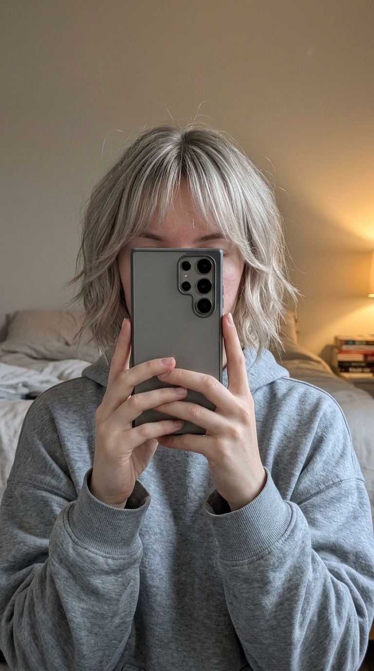 Ash Blonde Wavy Shag with Bottleneck Bangs 2026 chin-length wavy shag haircut with ash blonde, platinum highlights, bottleneck bangs — modern playful