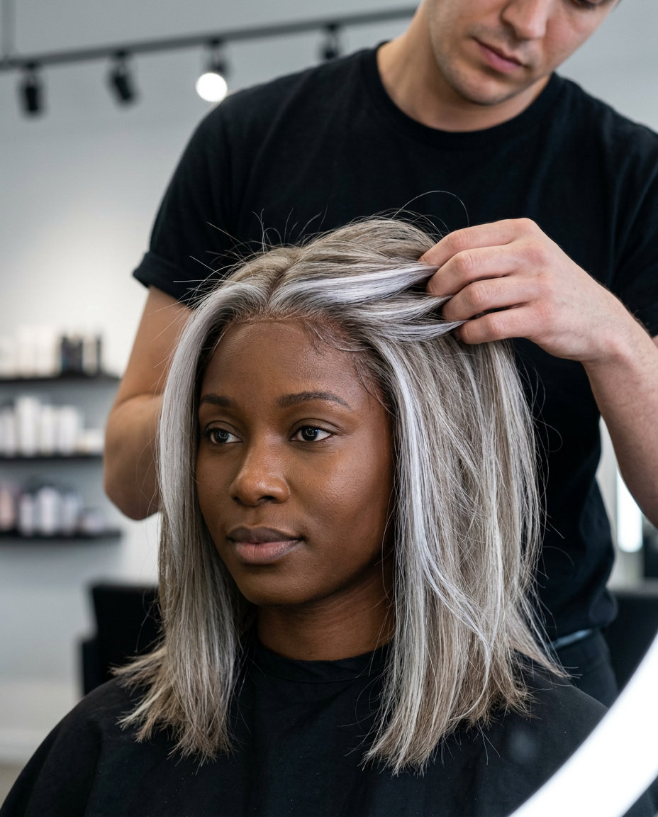 Ash Blonde with Silver Ribbons 2026 long ash blonde hair with silver ribbons and charcoal root shadow for edgy festivals