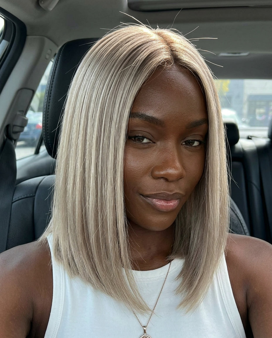 long bob haircut with glossy ash blonde hair color, balayage gloss, no fringe — minimalist professional