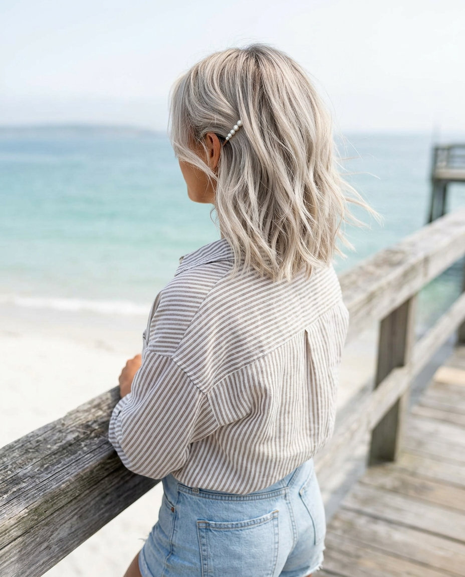 Textured Ash Blonde Lob 2026: Effortless Cool medium-length textured lob with ash blonde, cool beige root smudge, face-framing pieces — modern relaxed