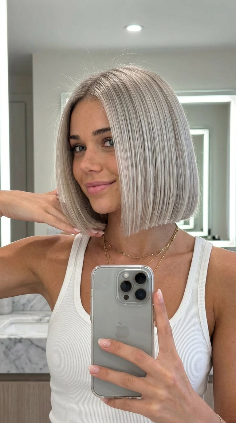 short ash blonde blunt bob with silver undertones and deep side part for summer 2026