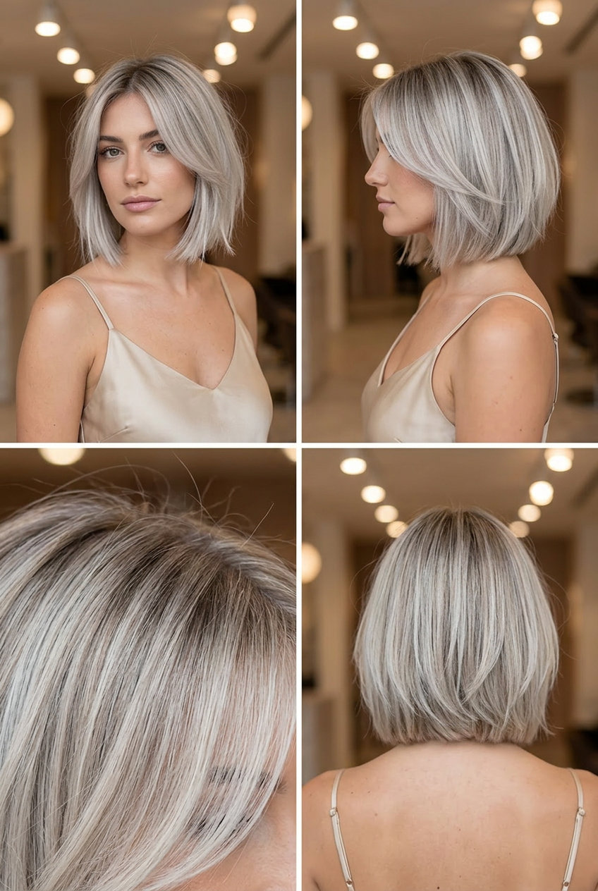 Cool Ash Blonde Italian Bob 2026 short italian bob haircut with cool ash blonde, silver undertones, razored piecey ends for chic look