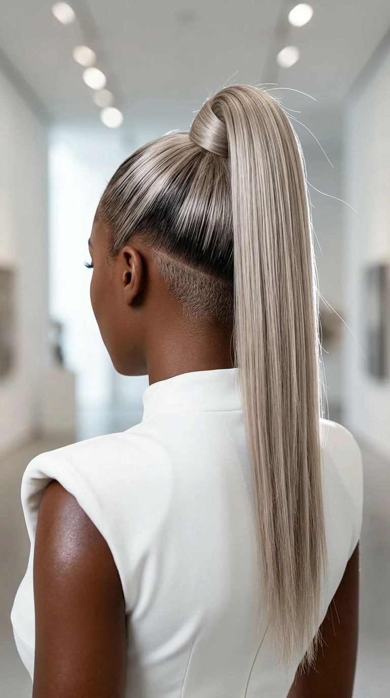 Architectural Ash Blonde Palm Ponytail 2026 very long ash blonde ponytail with charcoal root shadow and silver toner, undercut — avant-garde