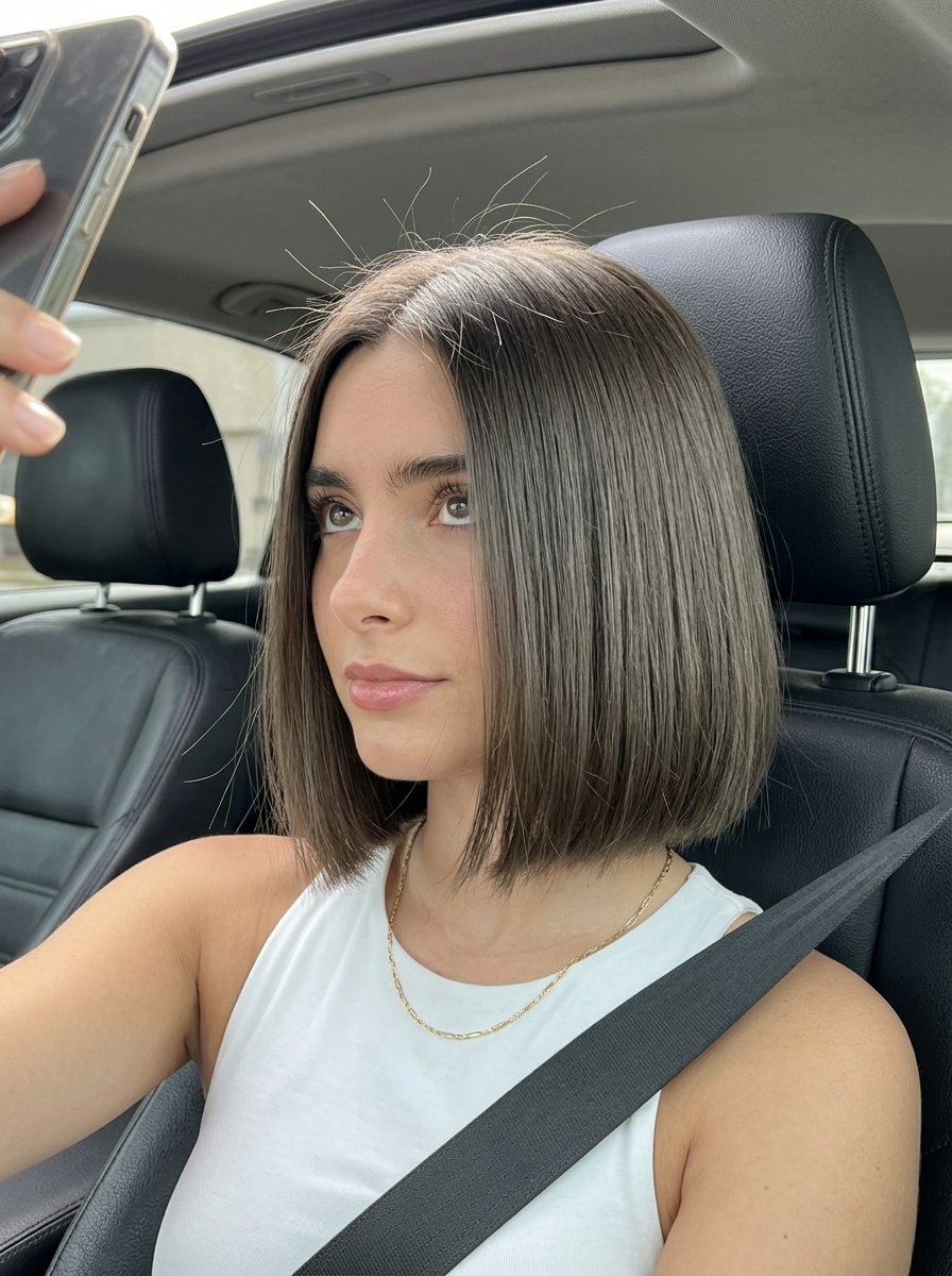 chin-length ash brown blunt bob with charcoal undertones and no layers for summer
