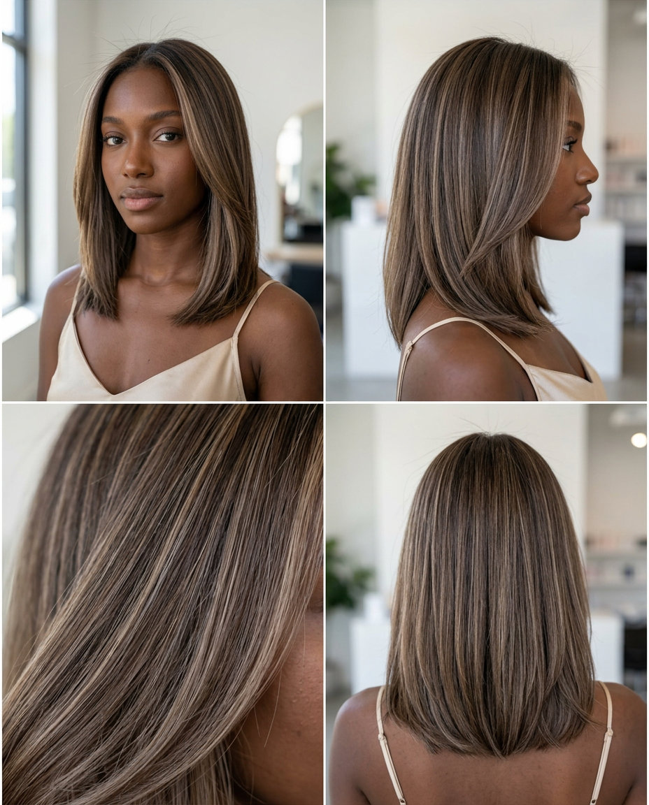 medium-length ash brown bob with light ash babylights, face-framing layers, natural hair for summer 2026