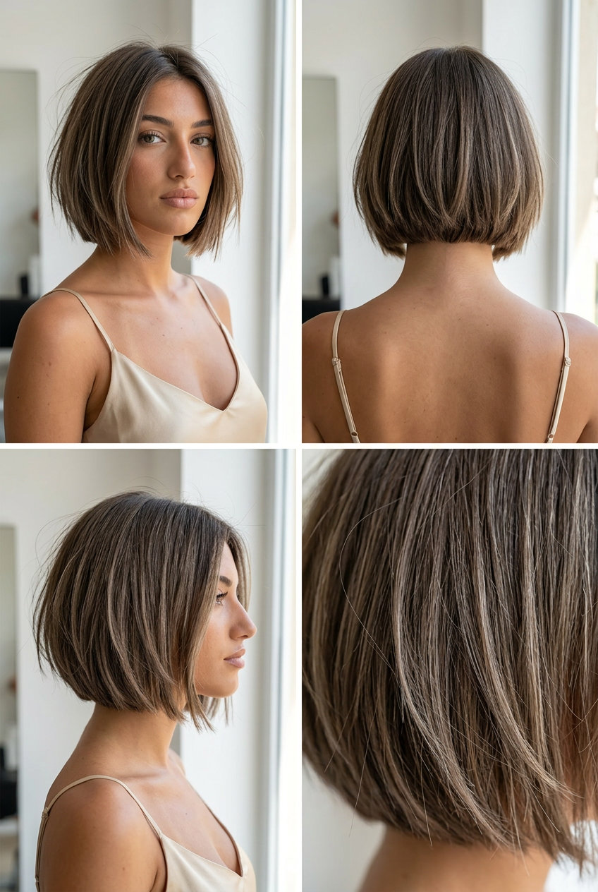 short ash brown bob haircut with cool beige micro-highlights, textured layers, no bangs — modern edgy