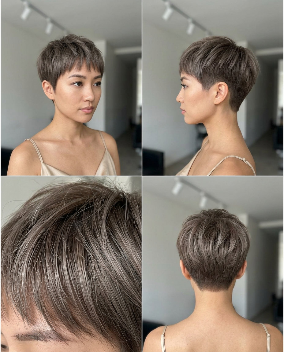 Ash Brown Pixie Crop with Wispy Bangs 2026 very short textured crop with cool ash brown, wispy bangs, and silver-beige lowlights for summer 2026