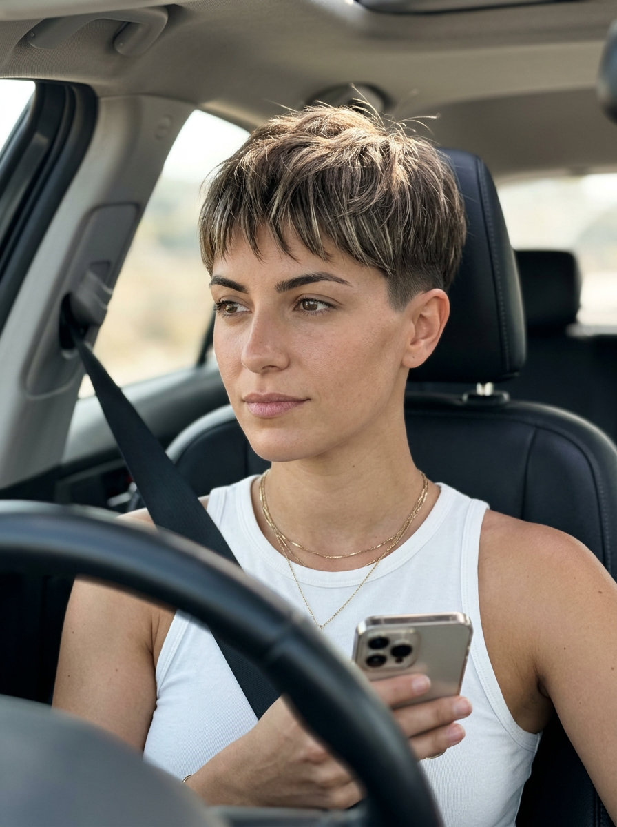 short french crop haircut with natural ash brown, cool blonde babylights, piecey bangs — minimalist and chic