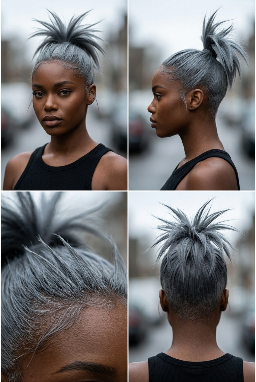 Ash Grey Spiky Pixie Ponytail 2026 short spiky pixie ponytail with ash grey, silver-blue undertones, tapered sides for festival